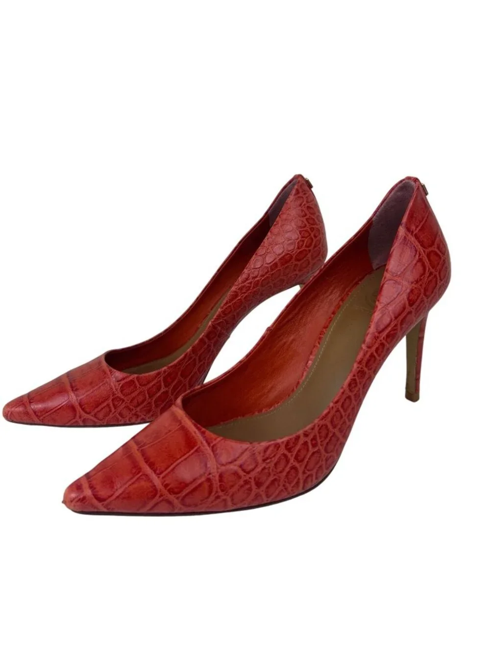 Tory Burch Stiletto High Heels Sz 7M Coral Red Croc Embossed Leather Pointed Toe